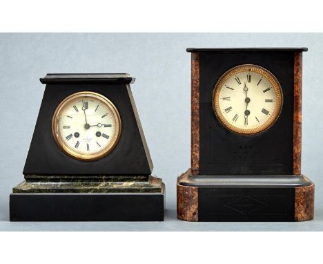 A late Victorian black slate and variegated green marble mantel clock, c1870, the triangular case enclosing a white enamel di