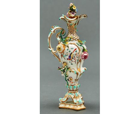 A Coalport Coalbrookdale floral encrusted 'scale cologne bottle on tripod plinth' and stopper, c1835, painted to either side 