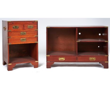 A reproduction brass bound teak 'campaign' chest, the square top with brass bound corners above slide, two short and two long