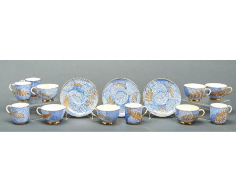 A set of six aesthetic or 'Japanesque' Royal Worcester tea cups, five coffee cups and three saucers, 1878, transfer printed i