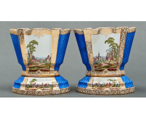 A pair of German porcelain bulb pots and bases after a Sevres vase hollandois, c1900, painted with elegant 18th c figures in 