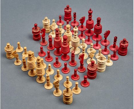 A Victorian red stained bone chess set,&nbsp; kings 10cm h, another similar, king 10cm h, missing two pawns  First set - mino