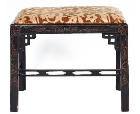 A 'Chinese Chippendale' revival Japanned dressing stool, c1920, with pierced brackets and stretchers, slip seat, 46cm h; 38.5