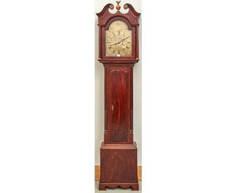 A Scottish George III mahogany eight day longcase clock, Thos Hencher, Musselburgh, late 18th c, the breakarched, silvered di