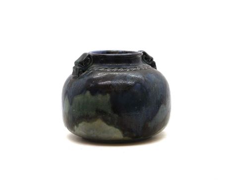 A Bourne Denby stoneware vase, 20th century, with scrolled handles, covered with purple, blue trailing glaze, printed marks, 