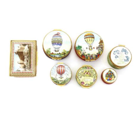 A group of Halcyon Days enamel boxes, comprising 'The 1989 Grosvenor House Antiques Fair' box, 7.5cm wide, two boxes decorate