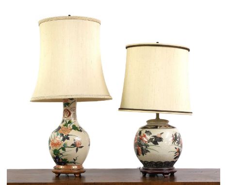 A Chinese vase table lamp, 20th century, of lobbed form, decorated in the Famille Rose style, with brass fittings for two bul
