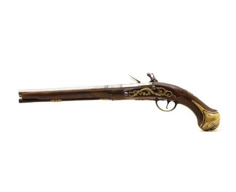 A flintlock holster pistol c.1700, by Edward Wornall (record 1692-1704), with a 12 3/4 in demi-octagonal to round barrel, sig