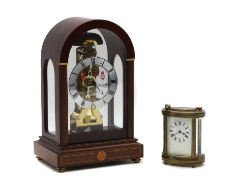 A Sewills of Liverpool skeleton mantle clock, of recent manufacture, the glazed domed case with brass detailing and inlays to