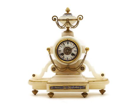 An alabaster mantel clock 19th century, French, surmounted by an urn, above a gilt dial marked 'Miroy Requiel &amp; Cie, Pari