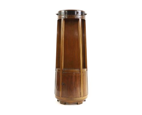 An Art Deco mahogany and inlaid hall stand, of demi-lune tapering form, the top mounted with four hooks, with an open shelf, 