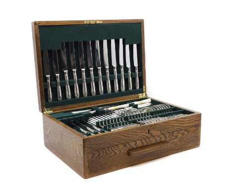 A silver plated canteen, bead pattern, for eight settings, comprising dinner knives and forks, dessert knives, forks and spoo