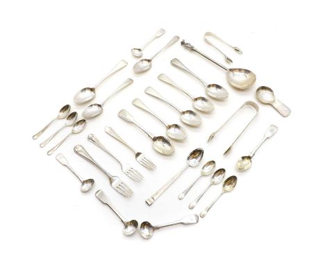 A collection of silver spoons to include an apostle top spoon, London 1907, a shell form caddy spoon, three William IV teaspo