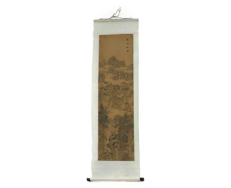 A Chinese hanging scroll, 20th century, of a mountainous landscape, inscribed, ink and colour on silk,152 x 41cmCondition Rep