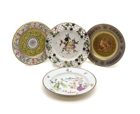 A collection of porcelain cabinet plates 19th century, comprising a painted and gilt example in the manner of Thomas Baxter f