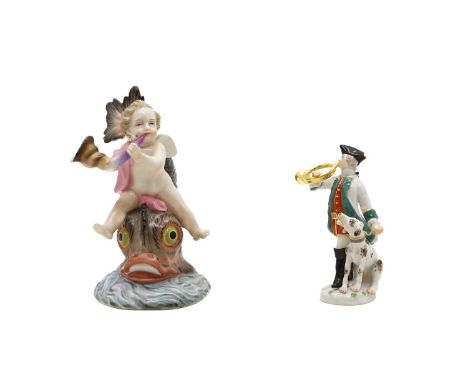 A Meissen porcelain figure late 19th century, of a gentleman with a French horn and hunting dog, painted crossed swords mark,