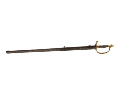 A British Infantry 1796 pattern Spadroon sword, with etched foliate blade, in a metal scabbard,  blade 80.5cmtotal 97cmShippi