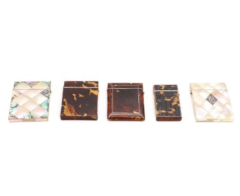 A group of Victorian card cases comprising two abalone examples, the largest 10.5cm high, and three tortoiseshell and ivory e