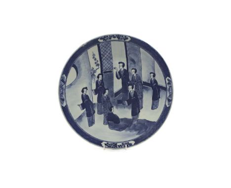 A Chinese blue and white charger,  Qing dynasty (1644-1911), the rounded sides rising from a circular foot, painted with ladi