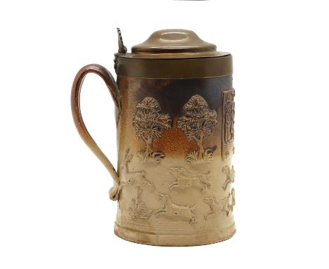 A salt glazed flagon or tankard, late 18th to early 19th century, possibly Mortlake, depicting tavern and hunting scenes, wit