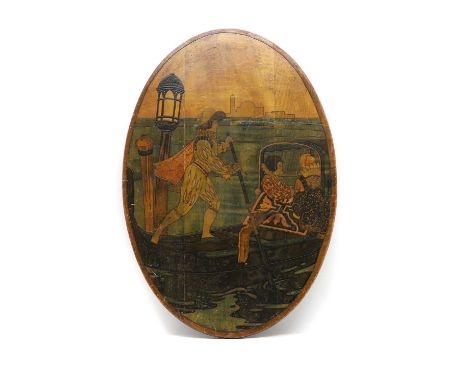 An Arts & Crafts pyrography panel   19th Century, depicting a Gondelieri,  41cm wide 60cm high   Condition Reportold worm hol