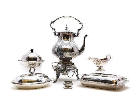 A Victorian silver-plated tea kettle on stand,  engraved, on a pierced stand, with chain and burner, the handle with ivory in