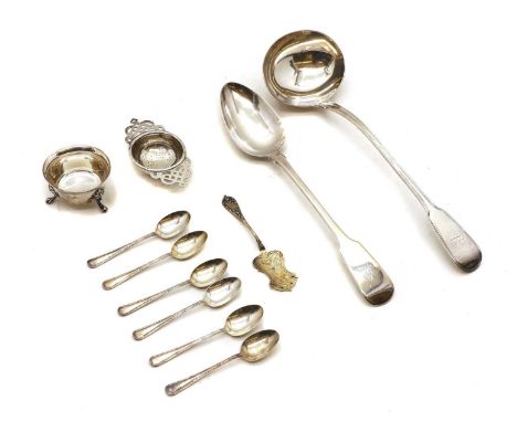 A collection of silver flatware comprising a Fiddle pattern George III ladle, by William Eley I &amp; William Fearn, London 1