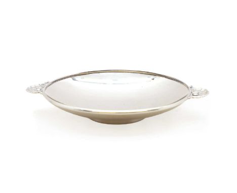 A Georg Jensen silver dish marked 925 Denmark Sterling, model no. 355, of circular form, the handled modelled as shells, 13cm