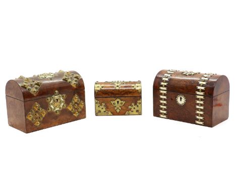 Three Victorian walnut and brass-mounted stationery caskets, each with applied ivory decoration, 12cm, 16cm, 17cm high (2)IMP