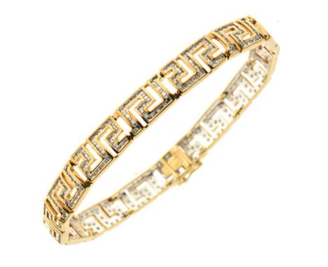 9ct gold diamond bracelet of Greek Key design and set with single cuts throughout, hidden box clasp with safety catch, 18cm l