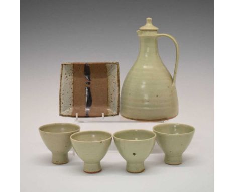 David Leach for Leach Pottery St Ives - a Standard Ware mead set, circa 1950, of jug and stopper and four pedestal cups; and 
