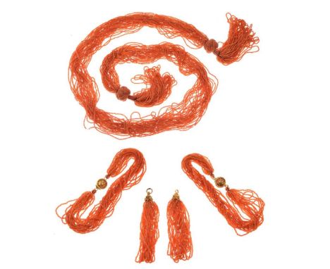 Set of coral bead jewellery, of tassle design, comprising: a necklace, a pair of bracelets, and two drops, possibly for earri