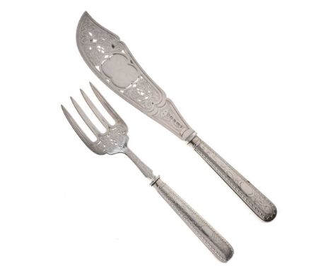 Victorian silver fish slice and fork with engraved and pierced decoration, sponsors mark of Martin Hall &amp; Co., Sheffield 