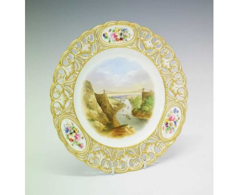 19th Century porcelain cabinet plate, painted with a scene of the Clifton Suspension Bridge within pierced border gilded and 