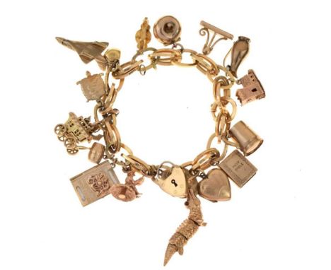 Bracelet - Italian, tagged '750', of hollow double links, with nineteen charms attached, 20.5cm long, 72g gross approxConditi