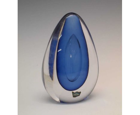 Mona Morales-Schildt for Kosta, Sweden - Ovoid paperweight, blue glass cased in clear glass, inscribed verso Kosta, SH 196/43