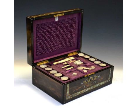 Mid 19th Century coromandel and mother-of-pearl inlaid needlework box by Toulmin &amp; Gale, the silk-lined interior fitted w