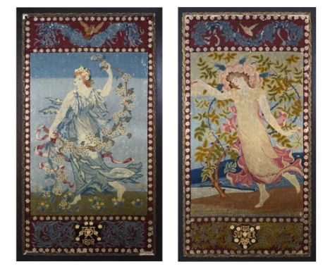 Pair of Arts and Crafts embroidered panels titled 'Spring' and 'Summer' probably from a set of the Four Seasons, made for Ada
