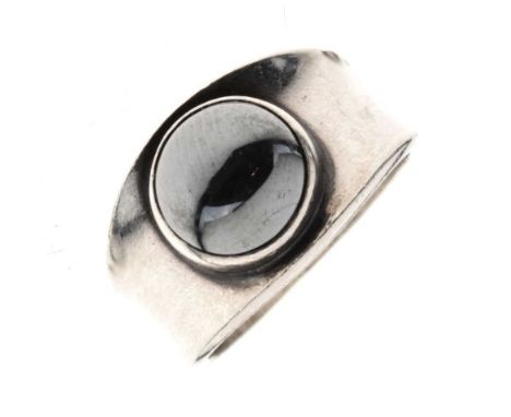 Georg Jensen hematite cabochon set silver ring, No.124, stamped marks, size O, in original case, 7.2g gross approxCondition r