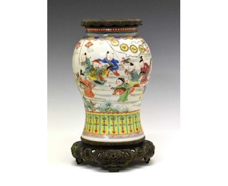 Early 19th Century Chinese porcelain baluster vase with bronze mounts, Jiaqing, circa 1820, in 'Hundred Boys' style decorated