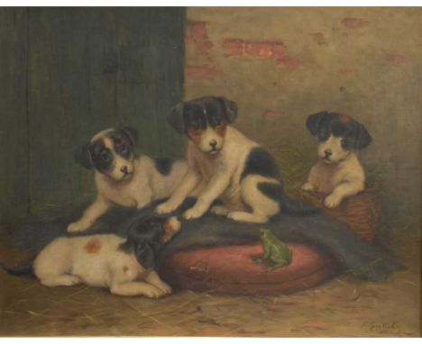 Sophie Sperlich (1863-1906) - Oil on canvas - Puppies observing a frog, inscribed lower right, 31cm x 40cm, in gilt slip fram