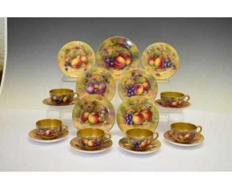 Six George V Royal Worcester porcelain fruit-painted trios, each comprising: six tea cups, each 8cm diameter x 4.8cm high, fi