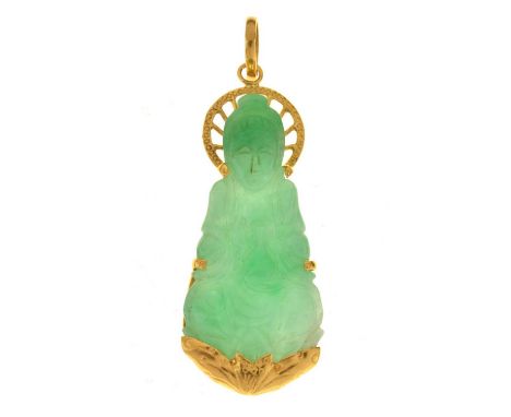 Carved jade Buddha, mounted in unmarked metal (tests as 22ct gold), 5cm long, excluding bale, 10g gross approxCondition repor