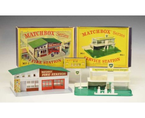 Matchbox Series Lesney MG-1 BP Service Station with A-1 Pumps and Signs pack, together with MF-1 Fire Station, both in their 