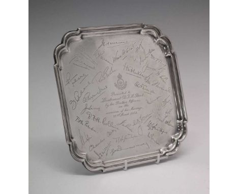 George VI silver salver/waiter of shaped square design with raised piecrust border and having presentation inscription to Lie