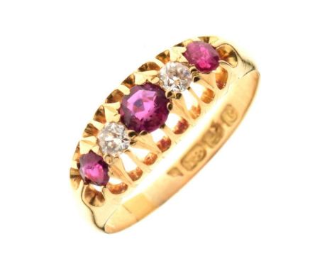 Edwardian ruby and diamond ring, Birmingham 1903, the three graduated rubies with a diamond between, size N½, 2.6g gross appr