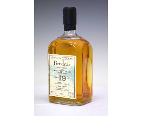 Bottle of Brodgar Orkney single cask 19 year old whisky, distilled 26/3/76Condition report: Seal appears good order with no s