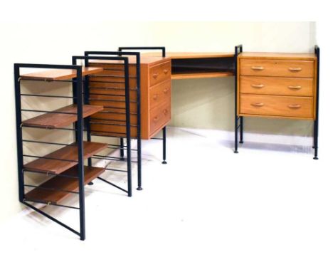 Ladderax by Staples - Low corner office system, comprising: a pair of teak three drawer units and corner two-tier desk sectio