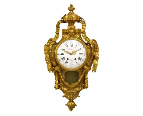 19th Century French brass cartel clock, the 7.25-inch white-enamelled convex dial with Roman hours and Arabic minutes, inscri