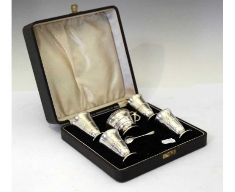 George VI silver five piece Art Deco condiment set, sponsors mark of Joseph Gloster Ltd, Birmingham 1937/38, pepperette 8.5cm